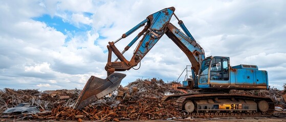 A blue excavator works in a scrap metal recycling yard with a big bucket handling metal piles. Cloudy sky, somber tone.