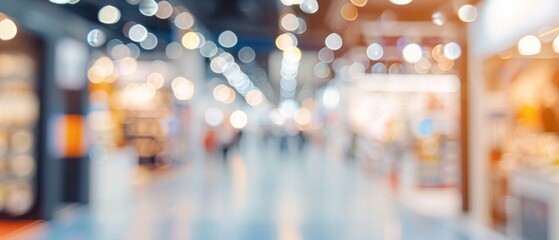 Wall Mural - A vibrant shopping mall scene with blurred background, golden lights, and bustling shoppers, evoking a dynamic and busy commercial atmosphere.