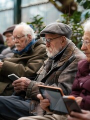 Aufkleber - Seniors are focused on their devices, enjoying technology together in a serene garden atmosphere on a peaceful day. Generative AI