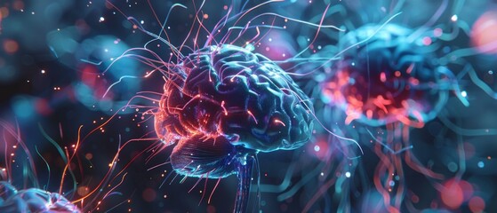 Artistic brain image with red, blue electric elements on blue background. Luminescent particles in red, blue, white enhance scene.