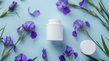 Canvas Print - Cosmetic brand mockup featuring white SPA jars surrounded by purple iris flowers on a blue background with an eco friendly minimalist design Text space included