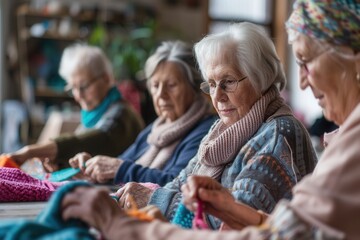 Aufkleber - Elderly individuals participate in a crafting session, focusing on knitting and sewing, fostering creativity and social connection in a classroom setting. Generative AI