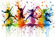 © Leo - Vibrant silhouettes dancing with colorful paint splashes in dynamic and joyful illustration expressing celebration fun and lively energy