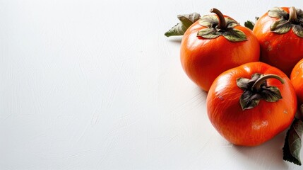 Wall Mural - Delicious ripe persimmons on white background close up with space for text