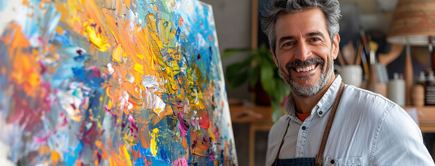 wide closeup photo of handsome young artist standing and smiling near an colorful abstract masterpiece painting, his canvas art next to him on an easel   