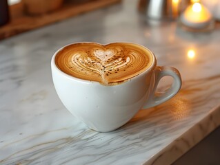 Poster - Beautifully Crafted Heart Shaped Latte Art in a White Cup on a Caf Table