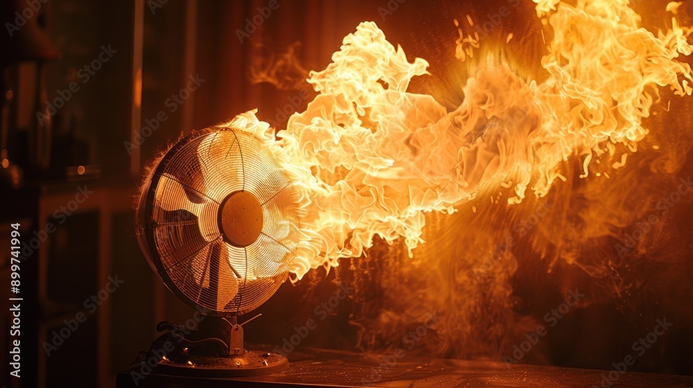 Fan Explode A dangerous situation where a fan is on fire, creating a dramatic and ...