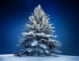 The snow covered Christmas tree contrasts with the dark blue background, template mockup for christmas card or banner