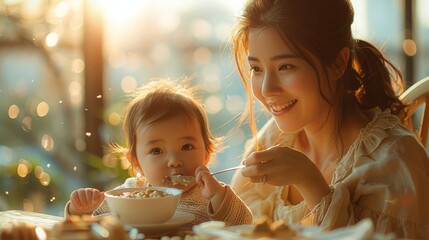 A smiling mother feeds her baby with a spoon