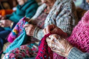 Aufkleber - Elderly participants engage in knitting and sewing, sharing skills and enjoying creativity in a warm, inviting learning environment. Generative AI