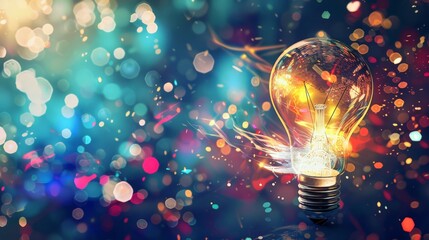 Poster - Glowing light bulb with vibrant bokeh background, symbolizing creativity and innovation. Perfect for themes of inspiration and modern technology.