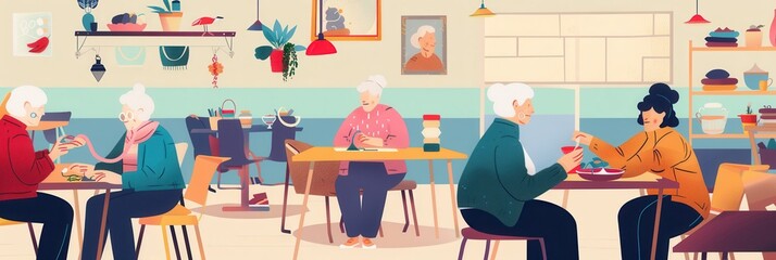 Aufkleber - Elderly participants enjoy knitting and sewing together in a warm, inviting community space filled with creativity and companionship. Generative AI