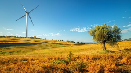 A wind turbine in a rural landscape, golden fields and a clear blue sky