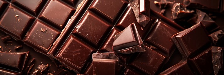 Poster - Detailed shot of dark chocolate bars with broken pieces. Delicious food background with rich dessert textures.
