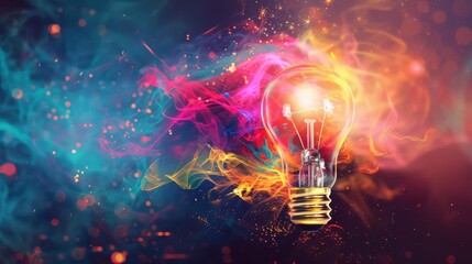 Poster - Colorful light bulb with splashes of paint. Symbolizing creativity and innovation.
