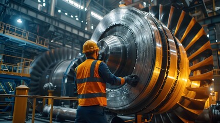 Poster - Worker Inspecting Large Turbine in Power Plant Emphasis on Precision and Safety in Energy Production