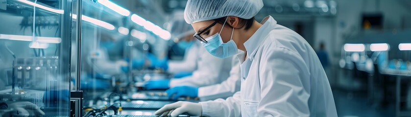 Poster - high tech electronics factory with workers assembling and inspecting circuit boards