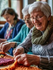 Aufkleber - Elderly individuals participate in a crafting session, joyfully knitting and sewing in a warm and inviting classroom setting. Generative AI