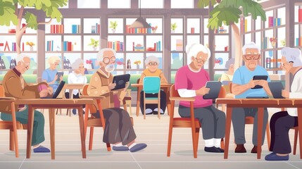 Leinwandbilder - A group of elderly individuals focuses on their tablets in a welcoming community center filled with books and greenery. Generative AI