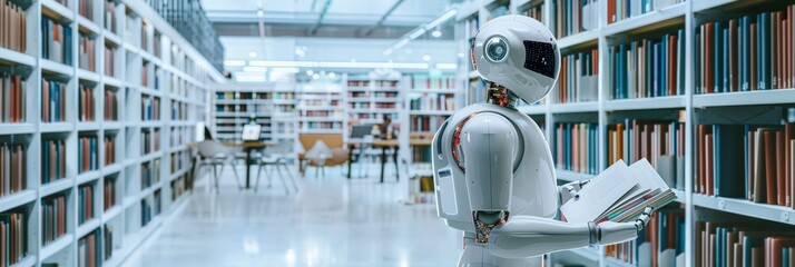 Poster - Robot exploring a modern library with bookshelves. Emphasizes technological advances in educational resources and AI's role in learning.