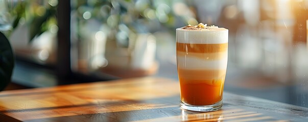 Wall Mural - Caramel Macchiato with Drizzle on Modern Cafe Table with Window View