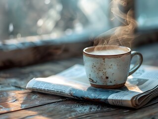 Sticker - Steaming Cup of Dark Roast Coffee on Wooden Table with Newspaper Stack