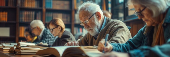 Poster - A group of elderly individuals studies foreign languages with textbooks and dictionaries in a warm, inviting library environment. Generative AI