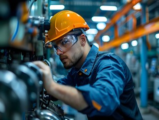 Poster - Skilled Worker Operating Machinery in a Factory Setting with Safety Gear