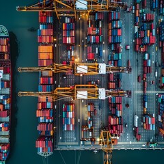 Poster - Aerial View of a Bustling Shipping Port with Cranes Unloading Massive Container Ships