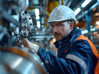 Poster - Close up of a factory worker operating machinery in a heavy industrial setting