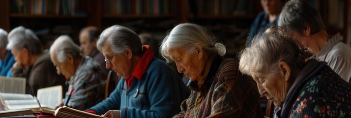 Poster - A group of elderly individuals deeply focused on studying foreign languages using textbooks and dictionaries at a community center. Generative AI