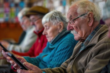 Aufkleber - A group of elderly individuals focused on their devices while seated closely together in a warm community center environment. Generative AI
