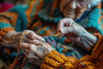 Aufkleber - Elderly participants happily create vibrant crafts using knitting techniques in a supportive community workshop setting. Generative AI