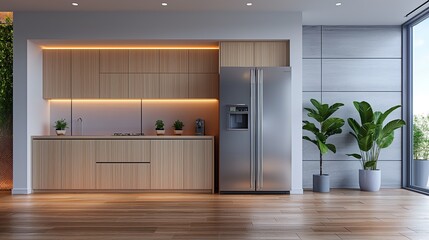 Wall Mural - Modern minimalist kitchen with wooden cabinetry