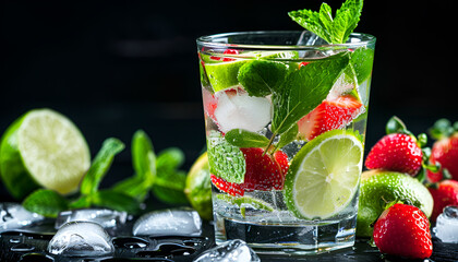 Wall Mural - Summer Mojito cocktail or mocktail set with lime, mint, strawberry and ice in glass on black background. Cold alcoholic or non-alcoholic drinks, beverages and cocktails