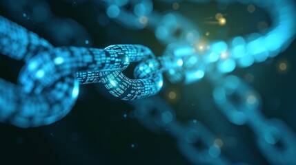 A blue metallic chain with a binary code texture, representing digital connectivity and data security. The chain glows with a futuristic blue light, creating a sleek and high-tech appearance.