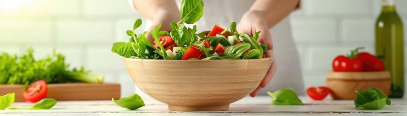 Fresh salad preparation with vibrant greens and colorful vegetables in a wooden bowl, perfect for healthy dining.