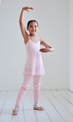 Poster - Girl, child and ballet practice in portrait, dance training and ballerina for rehearsal performance. Female person, dancer and studio for learning technique, student lesson and academy for talent