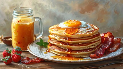 A delicious breakfast spread featuring pancakes, eggs, bacon, and fresh juice