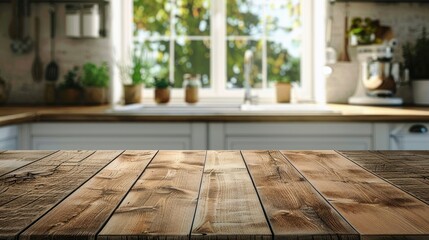 Poster - Wooden table with blurred kitchen window backdrop and space for text
