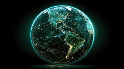 Poster - A digital representation of global connectivity featuring a network of data points and lines over a map of the Earth, all illuminated against a dark background