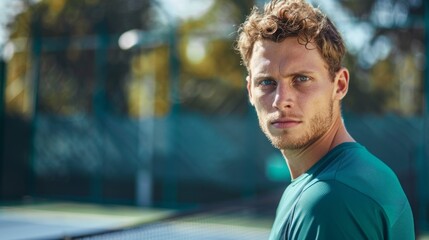 Wall Mural - A man with curly hair is standing in front of a green fence