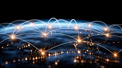 Poster - A digital representation of global connectivity featuring a network of data points and lines over a map of the Earth, all illuminated against a dark background