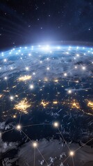 Poster - A digital representation of global connectivity featuring a network of data points and lines over a map of the Earth, all illuminated against a dark background