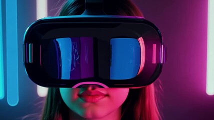 Poster - A young girl with long brown hair wears a virtual reality headset in a dimly lit room with neon lights behind her.