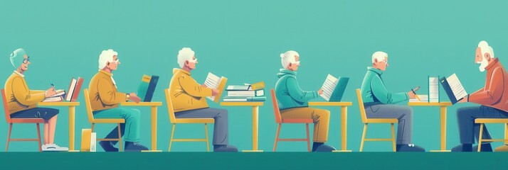 Poster - A group of elderly individuals study foreign languages using textbooks and dictionaries in a vibrant classroom dedicated to learning. Generative AI