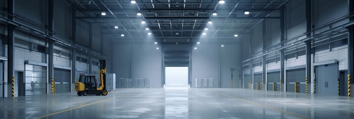 Poster - Spacious industrial warehouse with modern lighting and robotic equipment. Showcasing advanced industrial design and logistics.