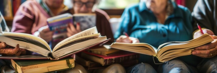 Poster - Elderly learners enthusiastically study foreign languages using various textbooks and dictionaries in a warm, inviting space. Generative AI