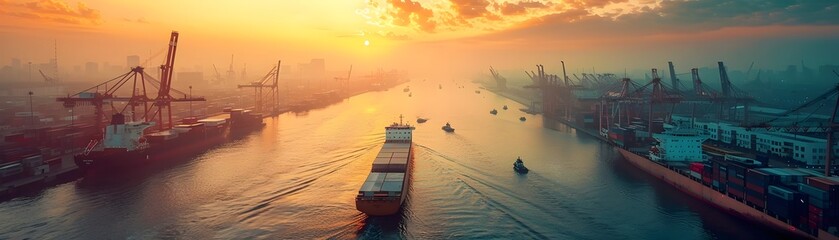 Poster - Aerial View of Bustling Industrial Harbor at Sunset with Cargo Ships and Cranes