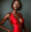 © THEPRZ - Confident African American Woman in Red Cut-Out Dress with Sleek Bob Hairstyle Posing Against Dark Background in Fashionable Portrait